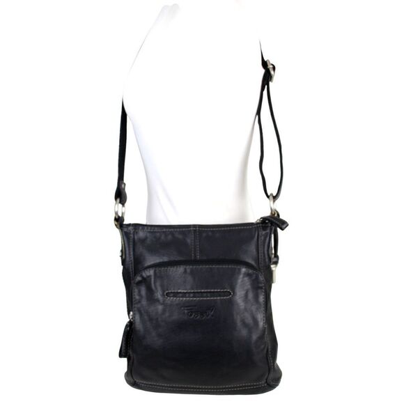 FOSSIL BLACK GENUINE LEATHER KEY CHAIN X-BODY MESSENGER SHOULDER BAG HANDBAG - Picture 3 of 16